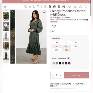 Lainey Smocked Dotted Midi Dress | Deep Olive - S